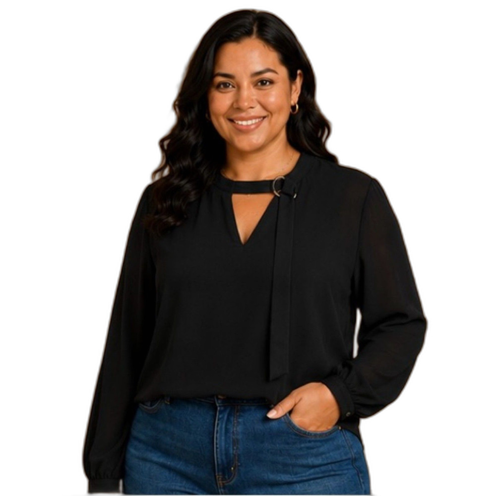 Who What Wear Black Long-Sleeve Ring-Tie Keyhole Blouse